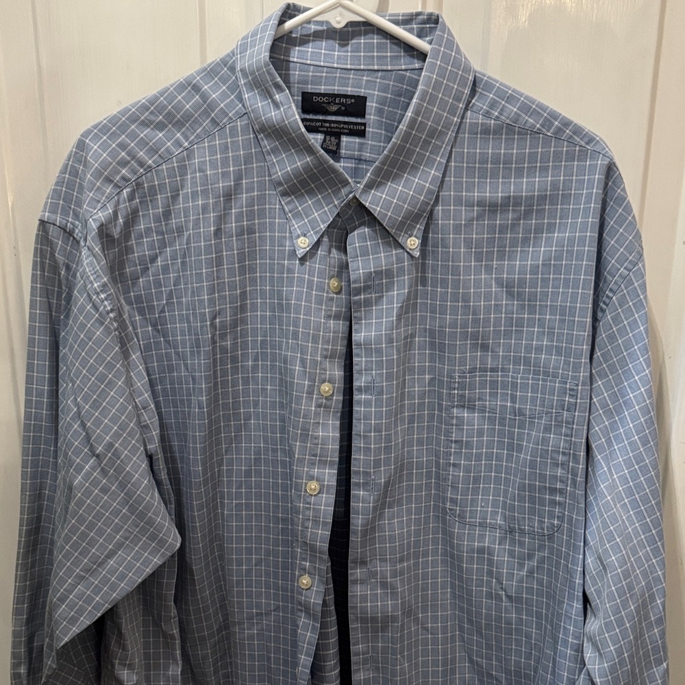 Dockers Men's Gray Blue Plaid Button Down Long Sleeve Shirt